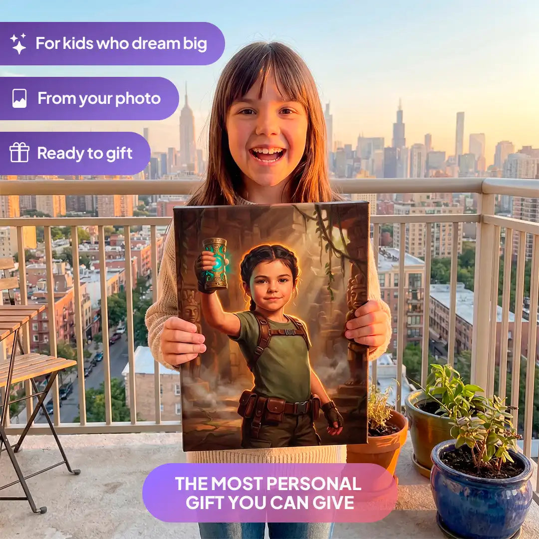 Girl holding a Temple Explorer canvas portrait from Milo Portrait on a balcony.