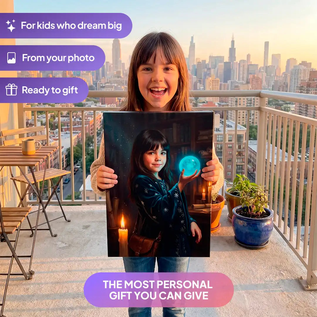 Girl holding a Little Witch canvas portrait from Milo Portrait on a balcony.