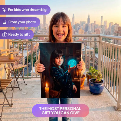 Girl holding a Little Witch canvas portrait from Milo Portrait on a balcony.