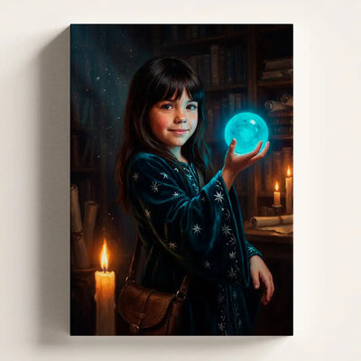 A vertical wall art print or canvas showing a young girl in a dark blue embroidered robe holding a glowing blue orb, set against a dimly lit library scene with candles and bookshelves. The artwork is photographed hanging on a light neutral wall.