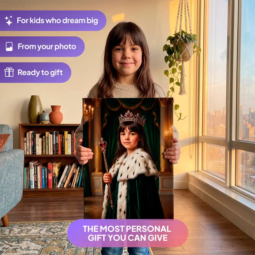 Girl holding a Royal Queen canvas portrait from Milo Portrait in a living room.