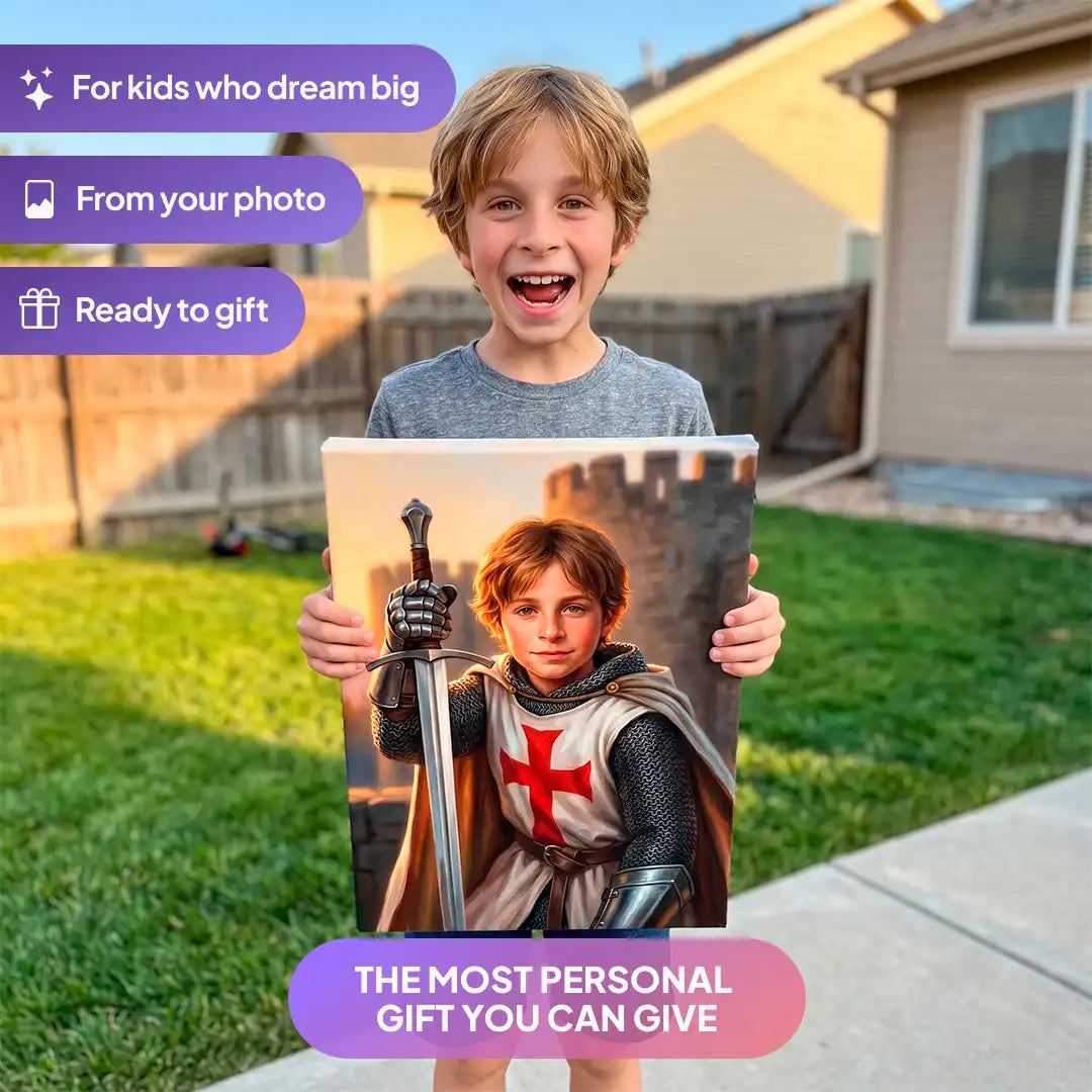 Boy holding a Templar Knight canvas portrait from Milo Portrait in a garden.