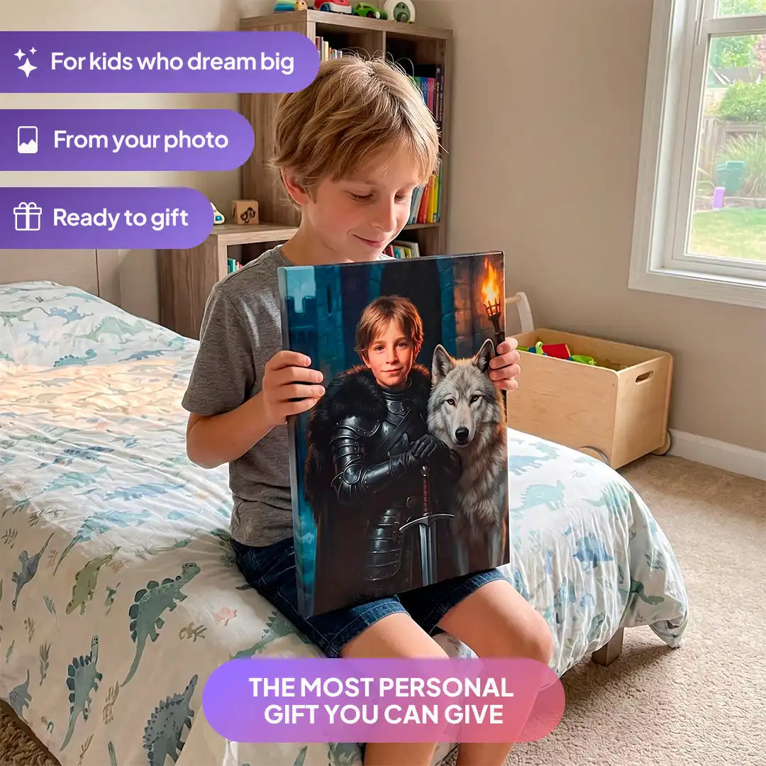 Boy holding a Winter Knight canvas portrait from Milo Portrait in a bedroom.