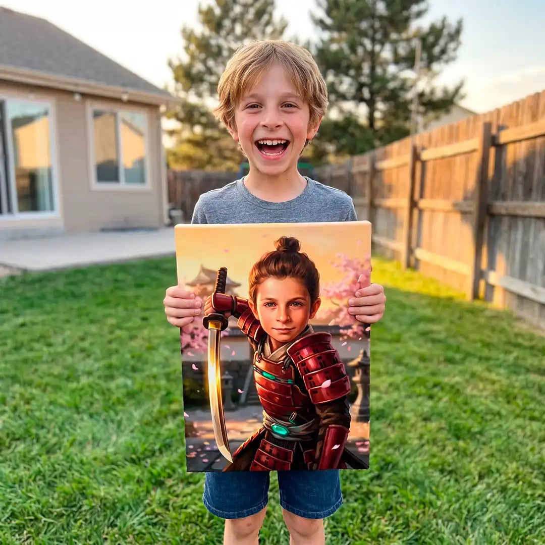A young boy stands on a grassy backyard lawn holding up a custom printed canvas print of a samurai warrior. The canvas features a detailed illustration of a girl in red armor holding a sword, set against a background of cherry blossoms.