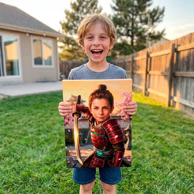 A young boy stands on a grassy backyard lawn holding up a custom printed canvas print of a samurai warrior. The canvas features a detailed illustration of a girl in red armor holding a sword, set against a background of cherry blossoms.