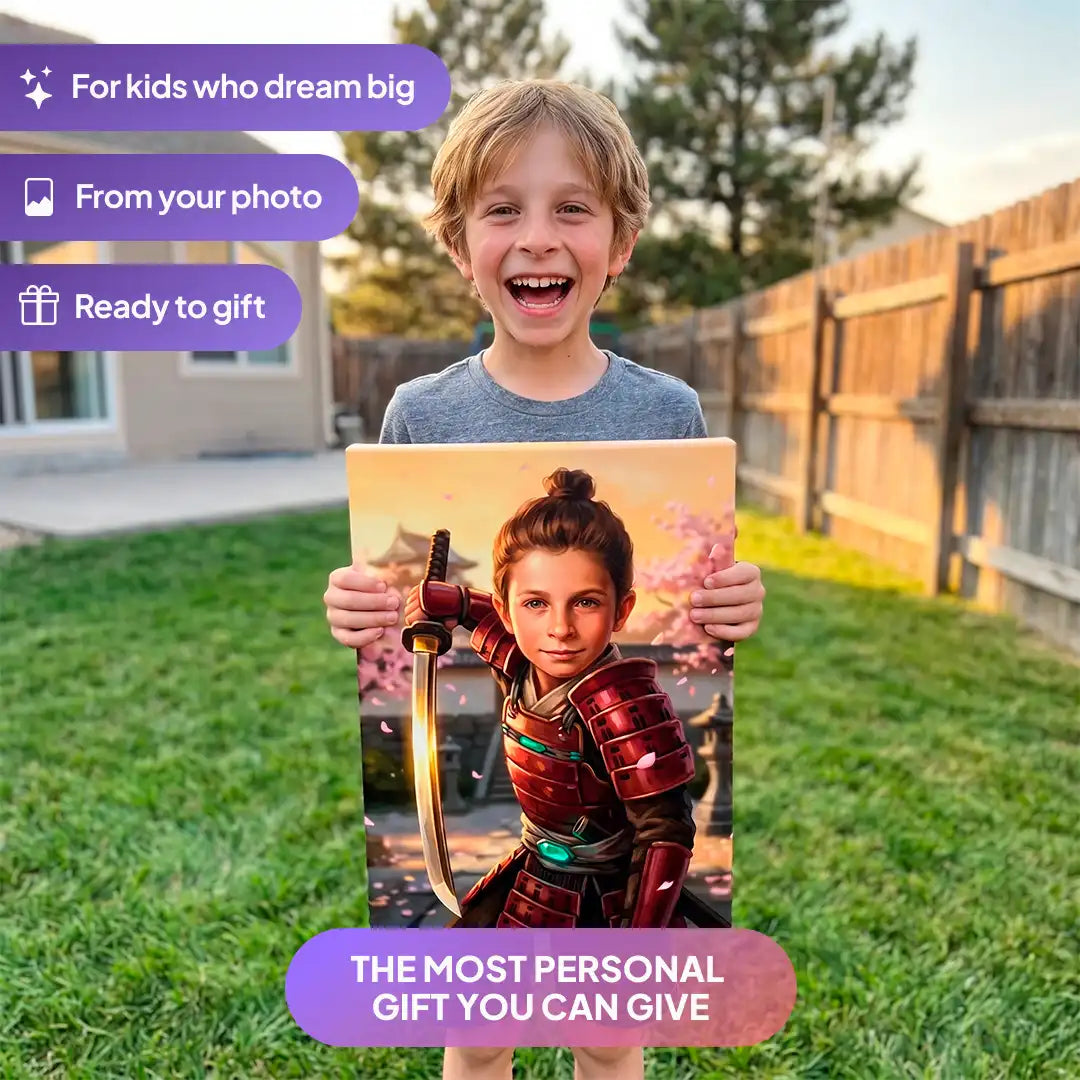 Boy holding a Blossom Samurai canvas portrait from Milo Portrait in a garden.