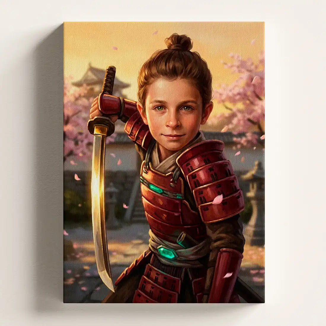 A vertical canvas wall art print depicting a young boy in red samurai armor holding a sword, with pink cherry blossoms and a warm sunset sky in the background, shown hanging on a light wall.