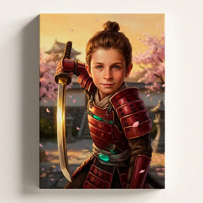 A vertical canvas wall art print depicting a young boy in red samurai armor holding a sword, with pink cherry blossoms and a warm sunset sky in the background, shown hanging on a light wall.