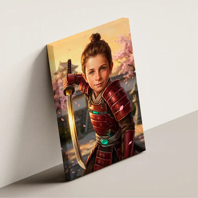A vertical canvas print leaning against a light gray wall, featuring a digital illustration of a young girl in red samurai armor holding a sword, with cherry blossoms and a castle in the background.