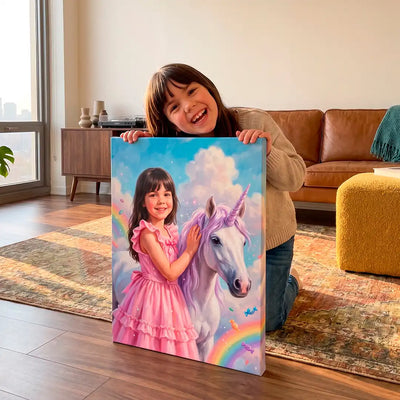 A young girl with dark hair smiles while holding a colorful custom canvas print of a girl in a pink dress hugging a white unicorn in a living room setting.