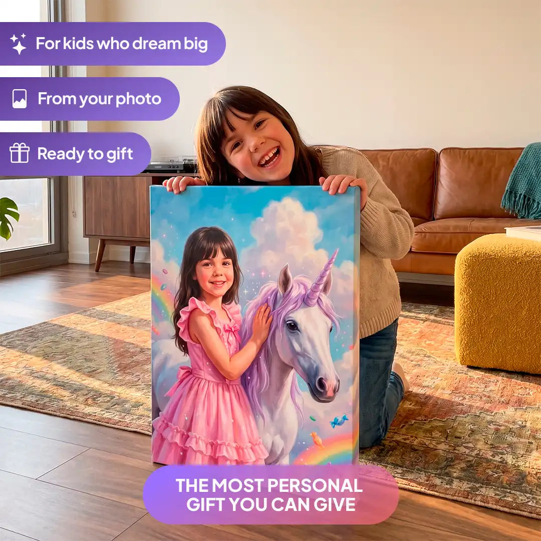 Girl holding a Candy Unicorn canvas portrait from Milo Portrait in a living room.