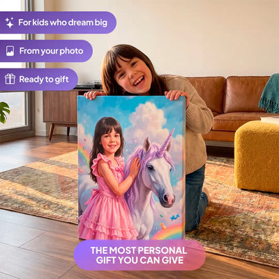Girl holding a Candy Unicorn canvas portrait from Milo Portrait in a living room.