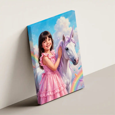 A rectangular canvas print leaning against a light gray wall, showing an illustrated scene of a smiling girl in a pink dress touching a white unicorn under a blue sky with clouds and a rainbow.