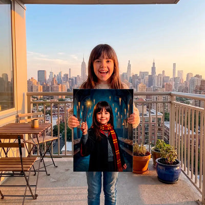 A young girl stands on a balcony holding up a custom portrait print of herself, with a real city skyline in the background at sunset.