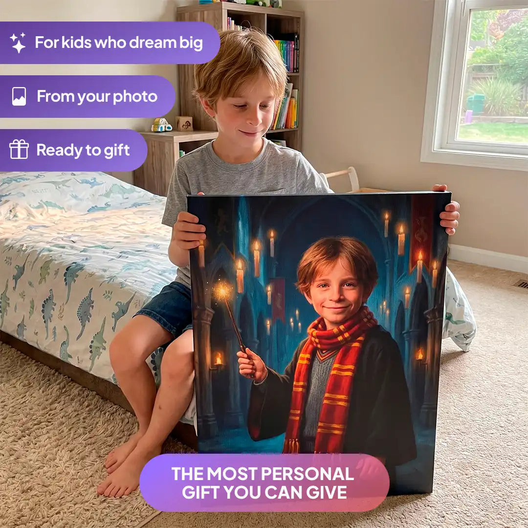 Boy holding a Wizard Student canvas portrait from Milo Portrait in a bedroom.
