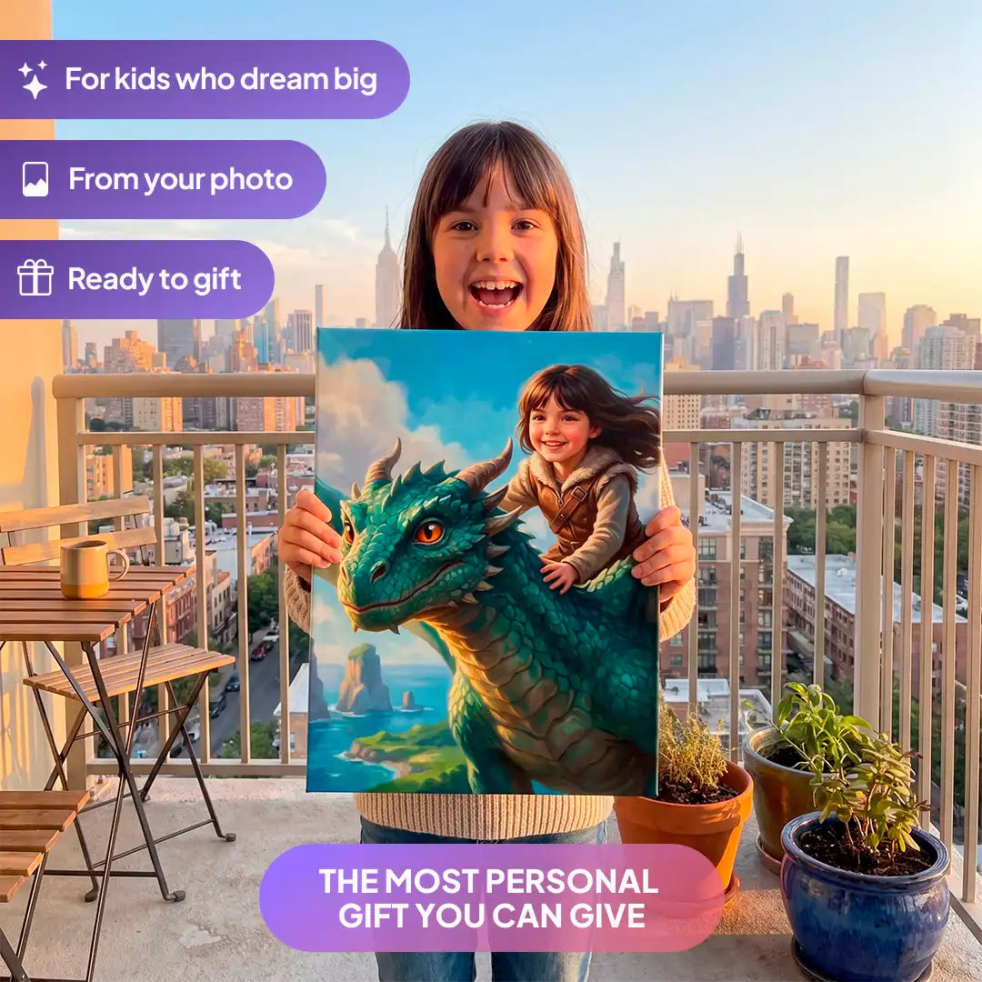 Girl holding a Dragon Rider canvas portrait from Milo Portrait on a balcony.