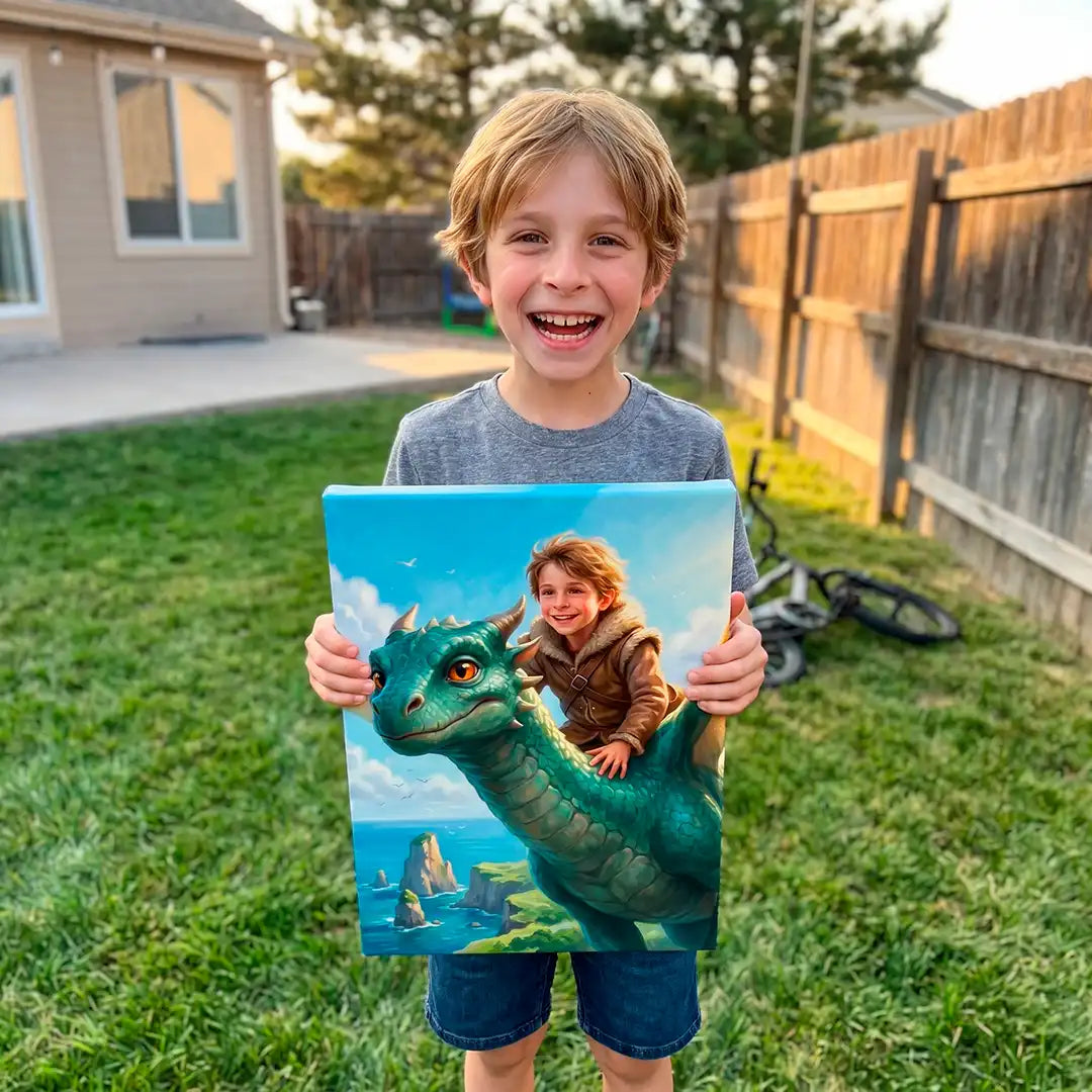 A young boy smiling in a backyard holds up a custom canvas print featuring a fantasy scene of a boy riding a green dragon.