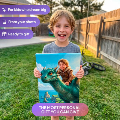 Boy holding a Dragon Rider canvas portrait from Milo Portrait in a garden.