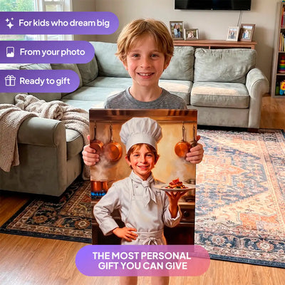 Boy holding a Little Chef canvas portrait from Milo Portrait in a living room.