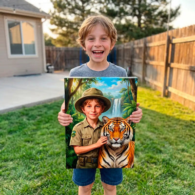A young boy stands in a backyard holding up a custom canvas print. The canvas features a colorful illustration of a boy in a safari outfit standing next to a majestic tiger.