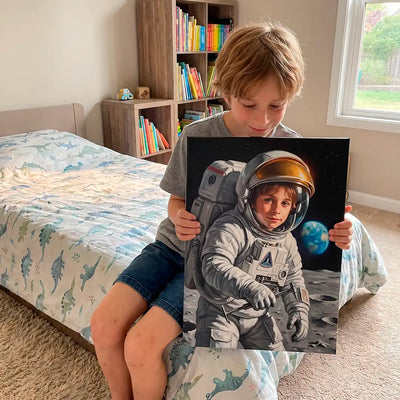 A young boy sits on a bed in a child's bedroom, holding up a custom canvas print of himself as an astronaut on the moon. The canvas features a realistic 3D-style drawing of the boy in a space suit against a black space background with a blue planet.