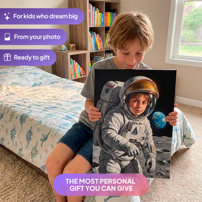 Boy holding a Moon Astronaut canvas portrait from Milo Portrait in a bedroom.