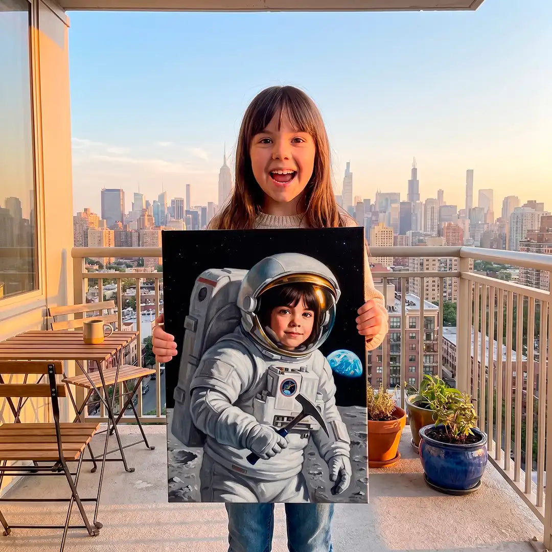 A smiling young girl stands on a balcony holding a custom portrait print of a child in an astronaut space suit, with a city skyline in the background at sunset.