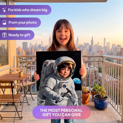 Girl holding a Moon Astronaut canvas portrait from Milo Portrait on a balcony.
