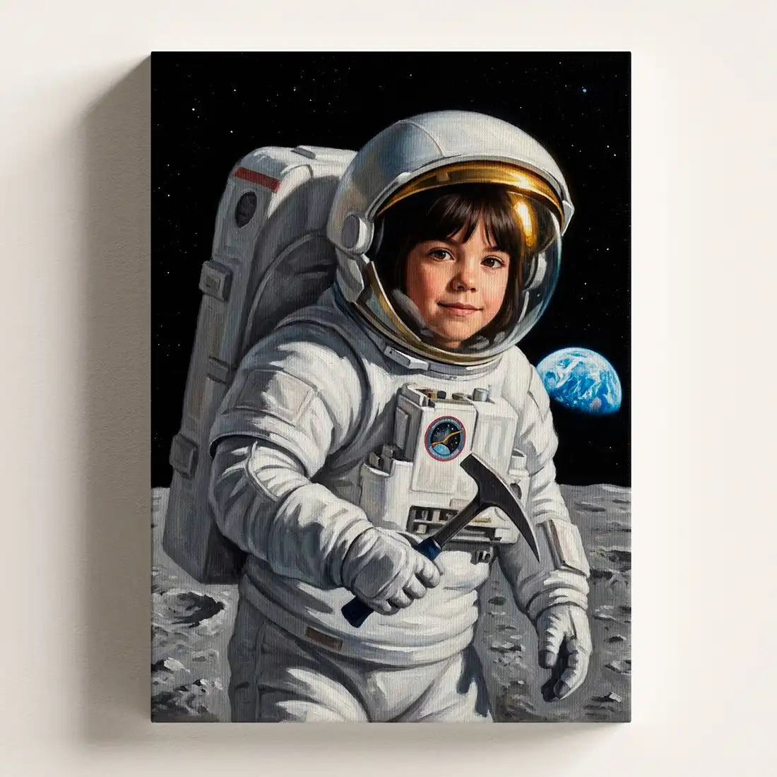 A vertical canvas wall art print depicting a child dressed as an astronaut standing on a gray lunar surface with a small blue planet in the starry black space background. The canvas is shown hanging against a light beige wall.