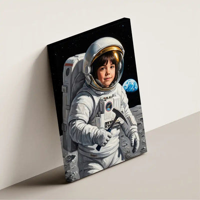A rectangular canvas print leaning against a light beige wall, showing a painted scene of a child astronaut on the moon with Earth in the background. The artwork fills most of the canvas, and the print itself is the product.