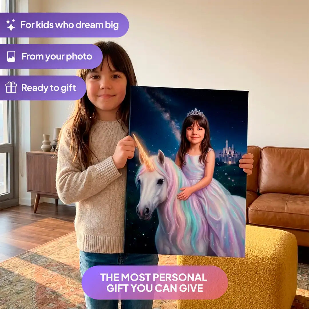 Girl holding a Rainbow Unicorn canvas portrait from Milo Portrait in a living room.