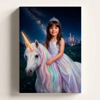 Rainbow Unicorn personalized canvas portrait by Milo Portrait, unicorn princess with a glowing rainbow mane under the Milky Way, a lit castle on the horizon.