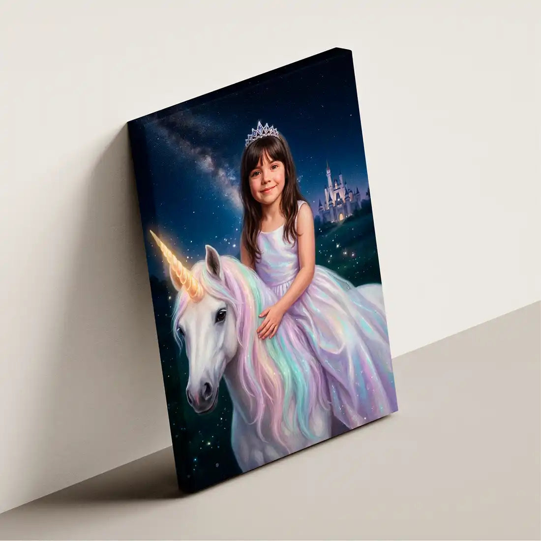 Rainbow Unicorn canvas wall art by Milo Portrait, unicorn princess with a glowing rainbow mane under the Milky Way, a lit castle on the horizon, shown at an angle.