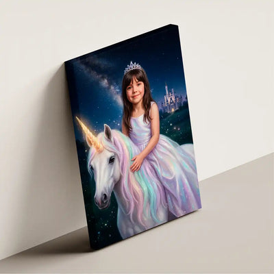 Rainbow Unicorn canvas wall art by Milo Portrait, unicorn princess with a glowing rainbow mane under the Milky Way, a lit castle on the horizon, shown at an angle.