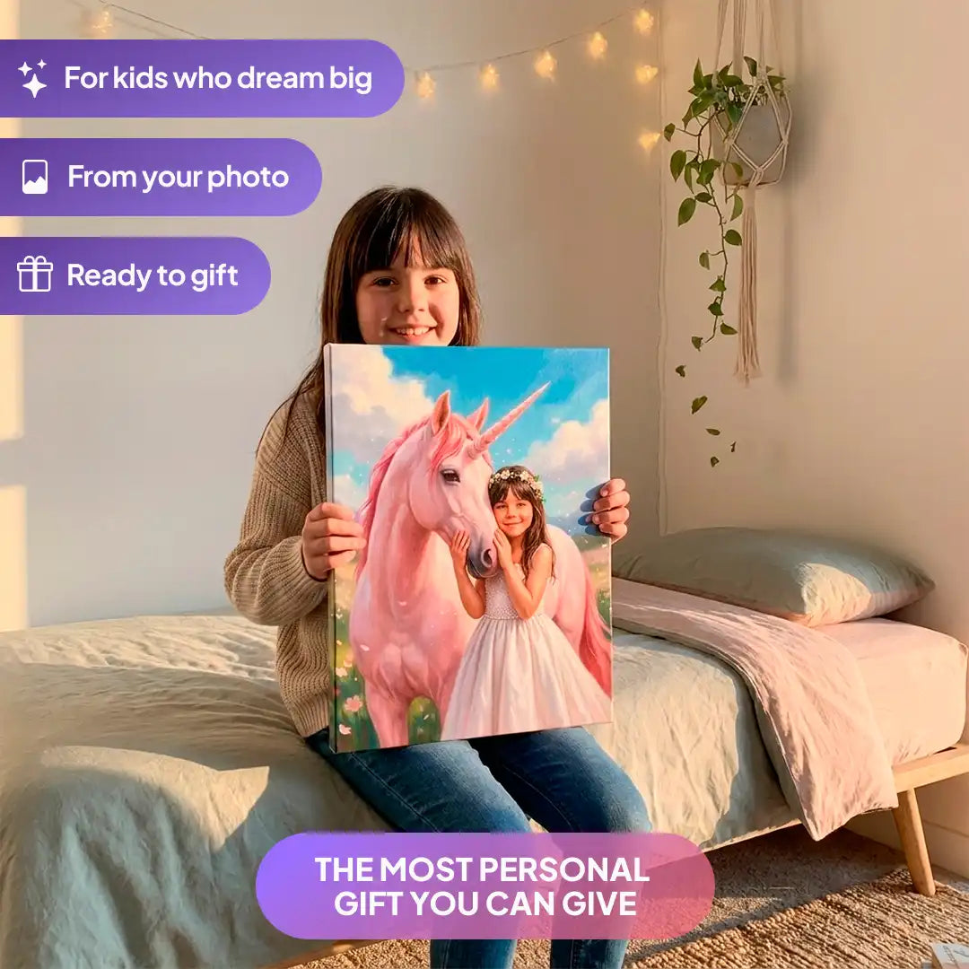 Girl holding a Pink Unicorn canvas portrait from Milo Portrait in a bedroom.