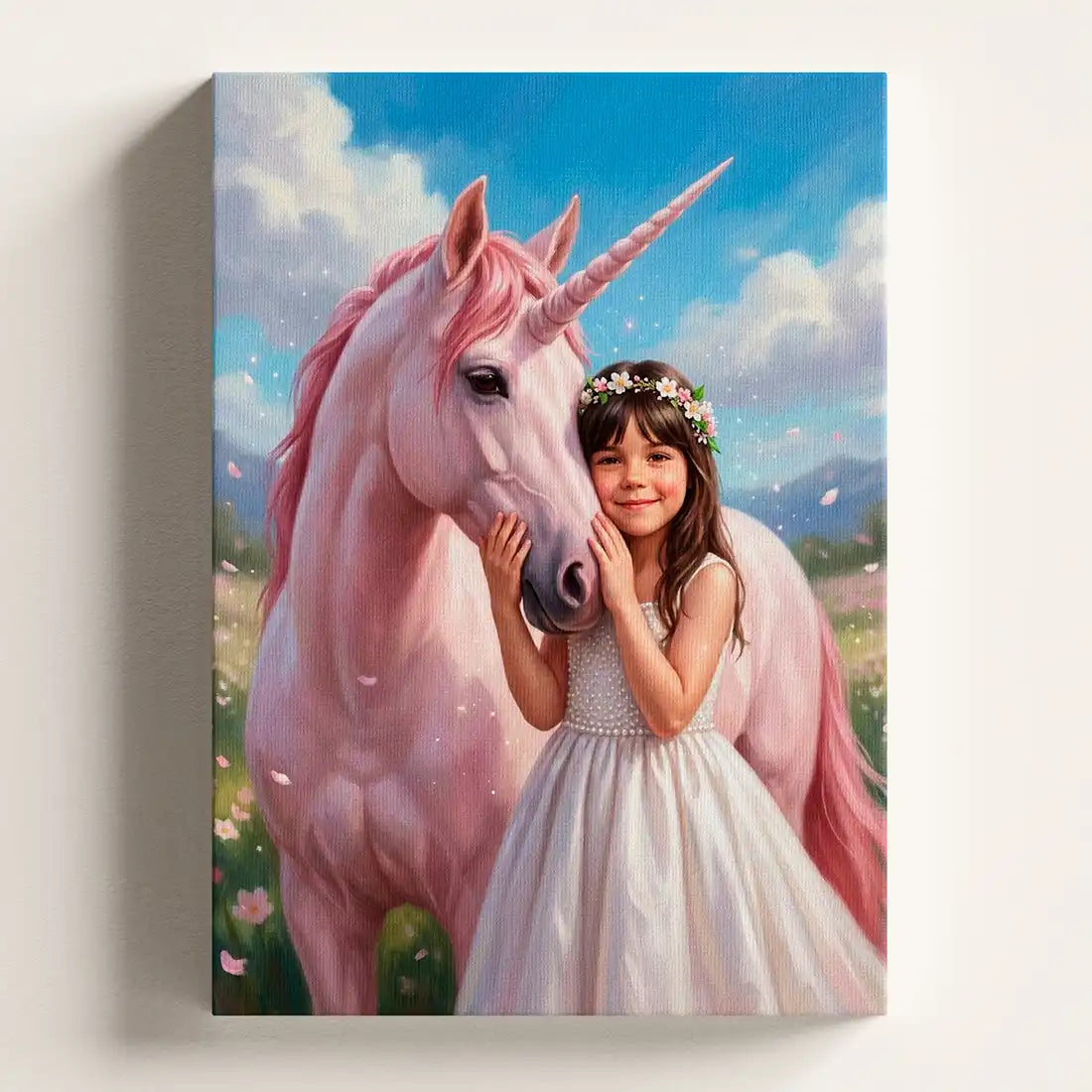 Pink Unicorn personalized canvas portrait by Milo Portrait, white-gowned princess cheek to cheek with a pastel-pink unicorn with a deep rose mane.