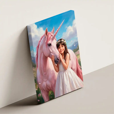 Pink Unicorn canvas wall art by Milo Portrait, white-gowned princess cheek to cheek with a pastel-pink unicorn with a deep rose mane, shown at an angle.