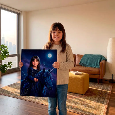 A young girl stands in a living room holding a custom portrait canvas print of herself as a girl with a unicorn against a starry night sky.