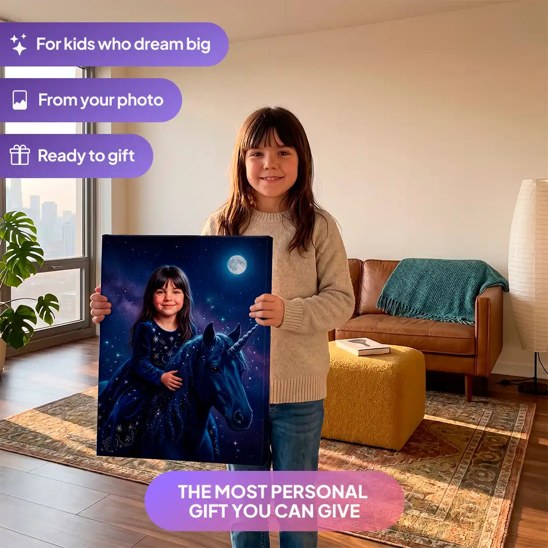 Girl holding a Galaxy Unicorn canvas portrait from Milo Portrait in a living room.
