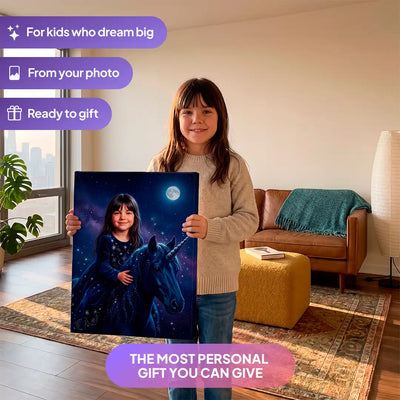 Girl holding a Galaxy Unicorn canvas portrait from Milo Portrait in a living room.