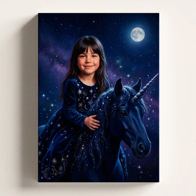 A vertical canvas wall art print depicting a young girl in a starry navy dress riding a dark unicorn under a full moon, shown hanging on a light beige wall.