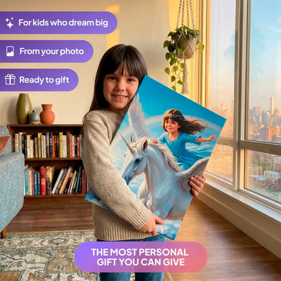 Girl holding a Flying Unicorn canvas portrait from Milo Portrait in a living room.