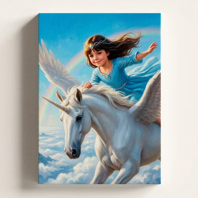 Flying Unicorn personalized canvas portrait by Milo Portrait, princess flying through a bright daylight sky on a winged unicorn, a rainbow arcing behind.