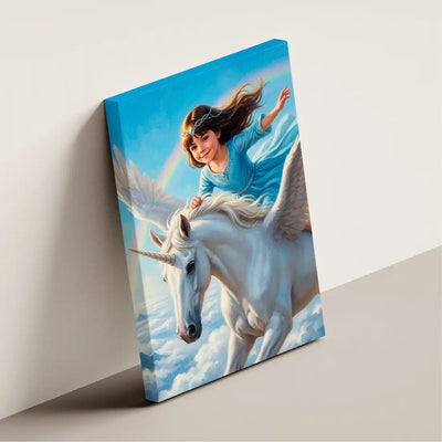 Flying Unicorn canvas wall art by Milo Portrait, princess flying through a bright daylight sky on a winged unicorn, a rainbow arcing behind, shown at an angle.