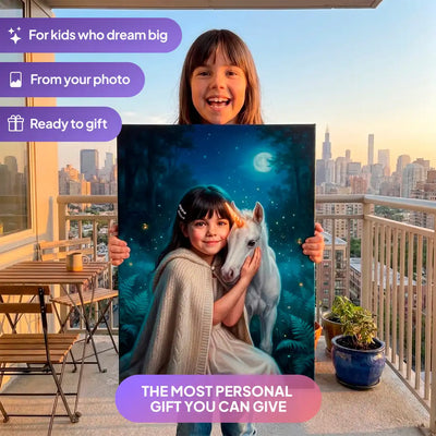 Girl holding a Baby Unicorn canvas portrait from Milo Portrait in a balcony.