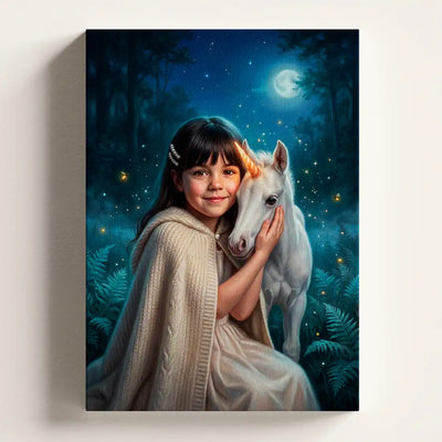 Baby Unicorn personalized canvas portrait by Milo Portrait, girl kneeling cheek to cheek with a small unicorn foal in a moonlit clearing.