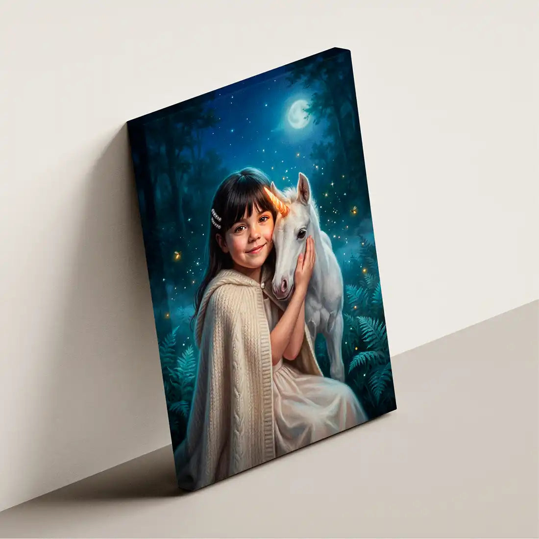 Baby Unicorn canvas wall art by Milo Portrait, girl kneeling cheek to cheek with a small unicorn foal in a moonlit clearing, shown at an angle.