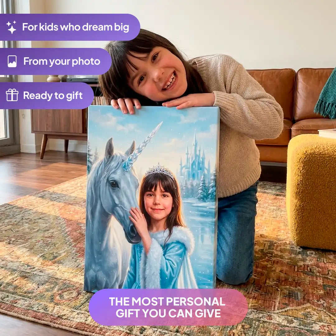 Girl holding a Crystal Unicorn canvas portrait from Milo Portrait in a living room.