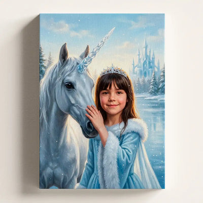 Crystal Unicorn personalized canvas portrait by Milo Portrait, winter princess cheek to cheek with a crystal-horned unicorn before a distant crystal castle.