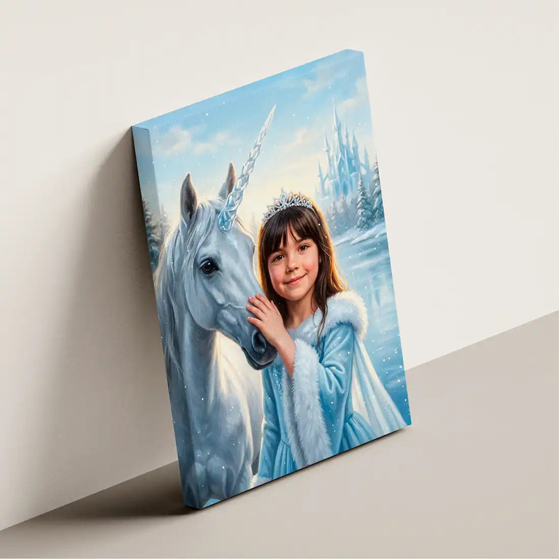 Crystal Unicorn canvas wall art by Milo Portrait, winter princess cheek to cheek with a crystal-horned unicorn before a distant crystal castle, shown at an angle.